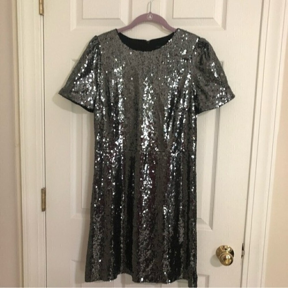 Wedding Guest Dress Size 8 Ann Taylor Silver Sequin Party Short Sleeve Sparkle
